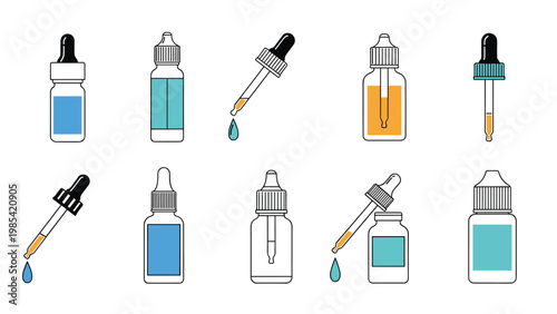 Medical glass bottle set with droppers containing colored liquid for medicine or skincare treatments for healthcare.