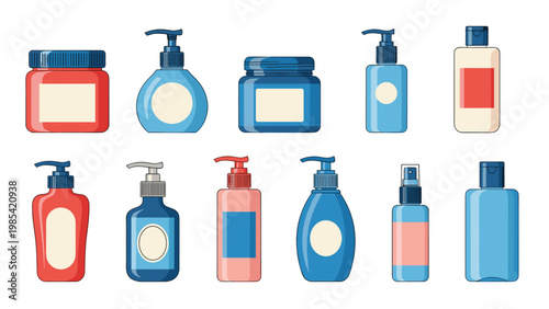 Plastic bottle assortment for soap and lotion in red and blue colors with different pump and cap styles for personal care.