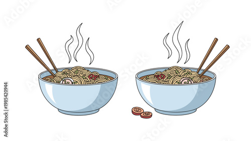 Delicious ramen noodle soup in steaming blue bowls with chopsticks and various traditional toppings for restaurant menu.