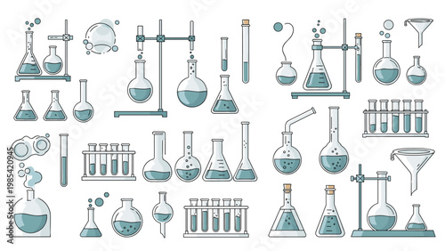 Scientific laboratory glassware set includes various flasks, beakers, test tubes, and chemical equipment for research.