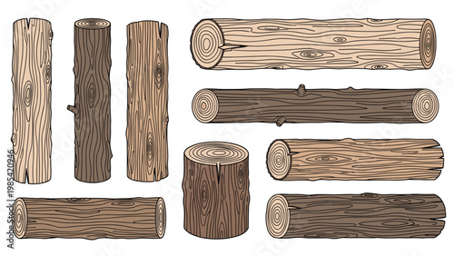 Natural wooden log and tree stump collection showing realistic bark textures and wood grain patterns for timber industry.