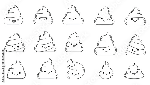 Cute cartoon poop emoji collection in black and white line art with many different facial expressions for digital apps.