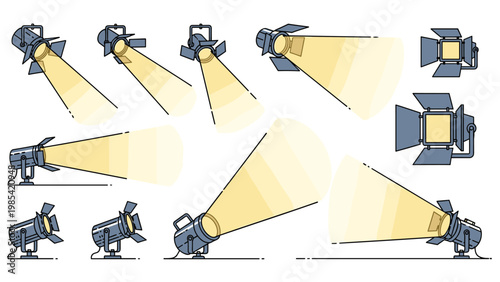 Studio spotlight and theater lighting collection showing various lamps casting beams of bright light for stage production.