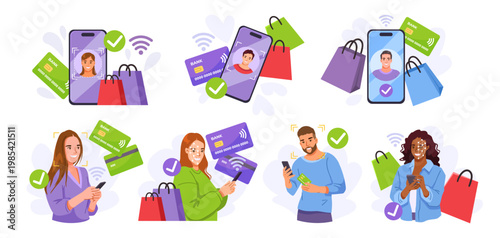 People using biometric face ID with smartphones and bank cards on background, concept of secure payments. Vector illustration