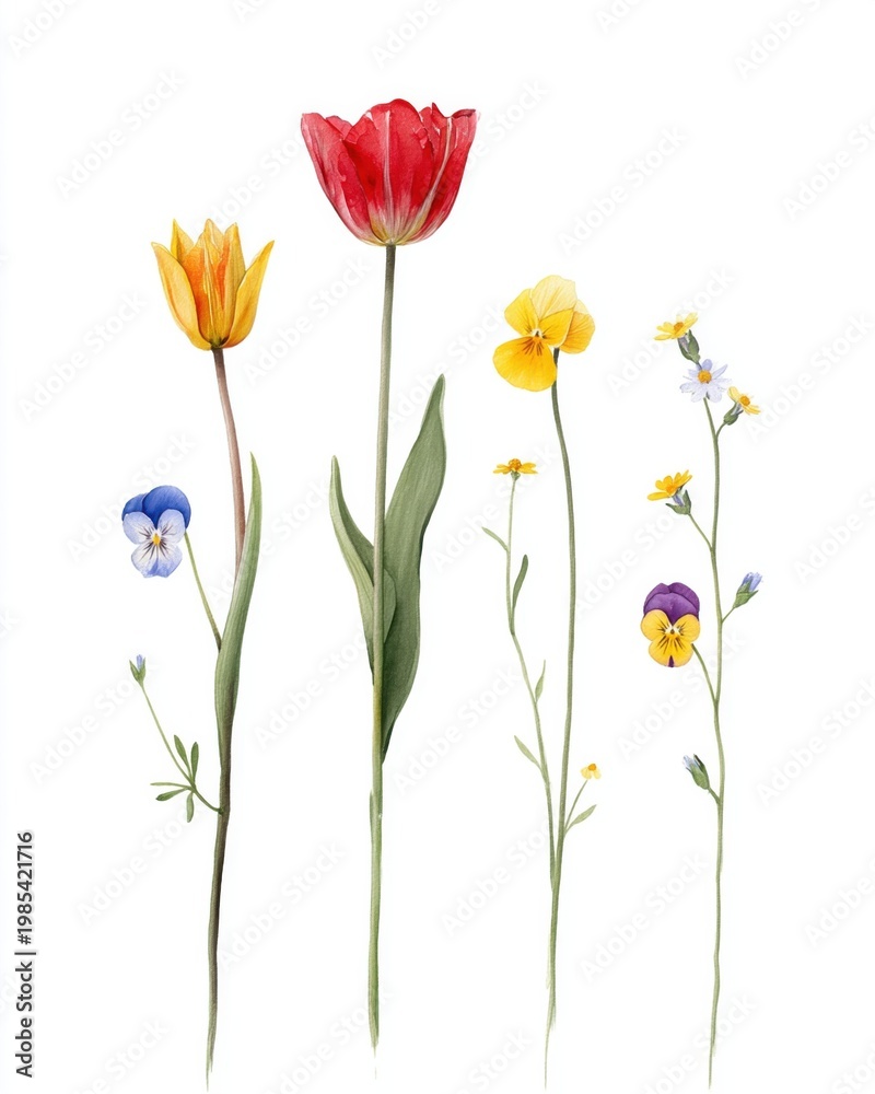 Fototapeta premium Hand painted botanical page with tulips daisy pansy and forget me not