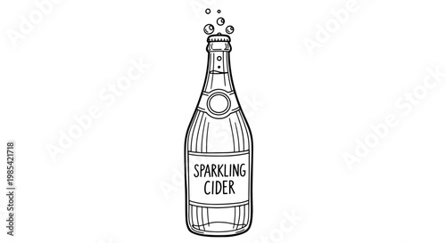 Illustration of a bottle of sparkling cider with bubbles rising, black and white line drawing, minimalist design on a plain background