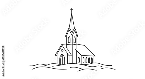 Minimalist line drawing of a church with a tall steeple, capturing the serene atmosphere of Christmas Eve against a white background