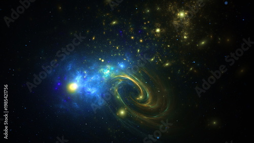 Stars light up the dark sky as galaxies connect in a cosmic dance. This scene captures the beauty of the universe during a vast nighttime view. 3d render