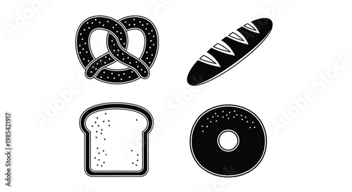 Black and white bakery items including a pretzel baguette and bread silhouette