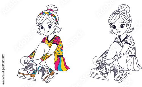 Little Girl Figure Skater Tying Laces on Ice Skates Illustration, Cartoon Character in Colorful and Black and White Line Art for Kids Coloring Book Page Isolated on White Background
