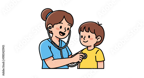 Illustration of a cheerful nurse in blue uniform checking a childs heartbeat with a stethoscope on a white background, highlighting healthcare and compassion