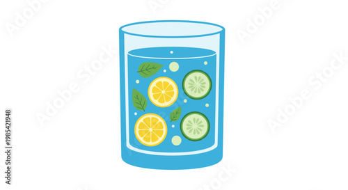Illustration of a refreshing glass of detox water infused with slices of lemon and cucumber, accompanied by mint leaves, set against a clean white background