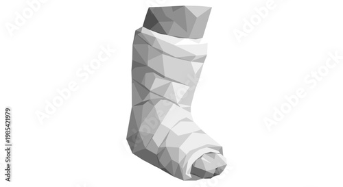 Geometric low-poly illustration of a leg encased in a white cast, isolated on a clean white background, emphasizing medical care and injury recovery