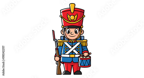 Vibrant illustration of a Christmas toy soldier in bright red and blue uniform, holding a drum and rifle, set against a clean white background