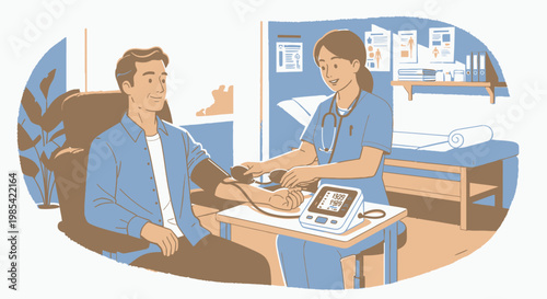 Medical, healthcare illustration, doctor, nurse, blood pressure check, patient, clinic, hospital, vector graphics