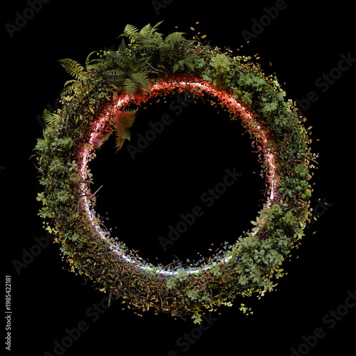 Plants are arranged in a circular shape with various green leaves and light effects. Creative design that highlights nature in an artistic way on a dark backdrop. 3d render
