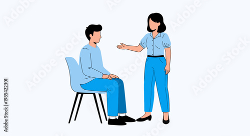 Business people, office conversation, teamwork illustration, communication vector, flat design, blue color scheme, coworker interaction