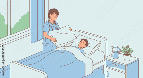 Hospital room, nurse caring patient, medical illustration, healthcare scene, vector graphics