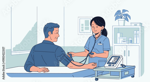 Medical professional, nurse, taking blood pressure, monitoring patient, healthcare vector illustration