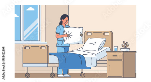 Hospital room, healthcare worker, changing pillow, medical setting, vector illustration