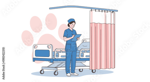 Veterinary clinic, pet hospital, animal care, medical exam, blue uniform, healthcare worker, pet paw