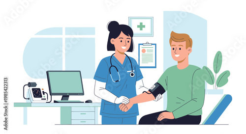 Medical, healthcare, doctor, nurse, blood pressure, checkup, vector illustration, medical office, patient, healthcare professional, clinic