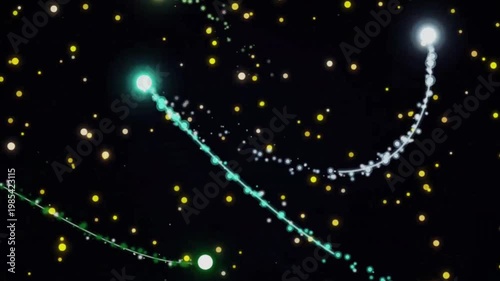 a dynamic abstract composition with a pitch black background, resembling space or digital particles.