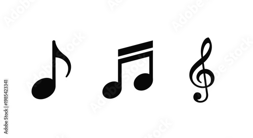 Three musical notes displayed in black against a white background silhouette