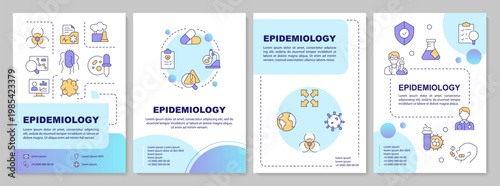 Epidemiologic research blue gradient brochure layout. Vaccine development. Leaflet advertising design with color line icons. Editable 4 pages. Arial-Bold, Myriad Pro-Regular fonts used