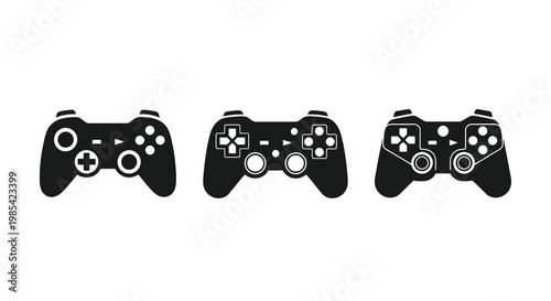Three different game controllers depicted in black silhouette