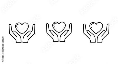 Three pairs of hands cradling hearts in a linear silhouette