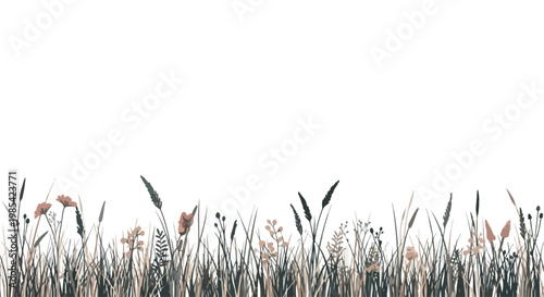 Illustration of a serene grassy landscape with various wildflowers and plants in soft pastel colors on a white background