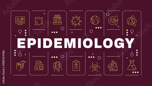 Epidemiology dark red word concept. Laboratory research, vaccine development. Public health. Horizontal vector image. Headline text surrounded by editable outline icons. Hubot Sans font used