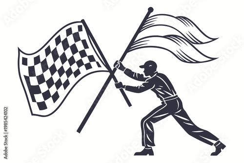 A professional race official holding a checkered flag and a blank banner representing victory at the end of competition