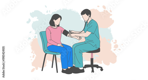 Medical, healthcare, doctor, patient, blood pressure, checkup, vector illustration, medical professional, woman, sitting, blue scrubs, pink shirt, healthcare worker, clinic, hospital
