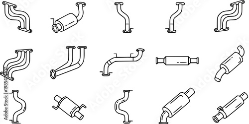 Automotive Car Exhaust System Parts Vector Line Art Icons. Mufflers, Pipes, and Headers Outline Collection for Auto Repair.