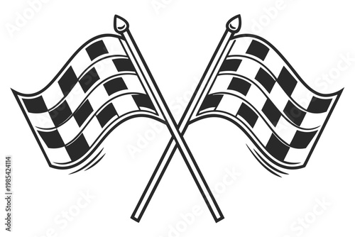 Two crossed checkered flags representing the victory and finish line of a professional auto racing competition in high contrast black