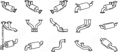 Automotive Exhaust System Parts Black and White Line Art Icons Set - Outline Vector Glyphs of Car Mufflers, Pipes, and Headers