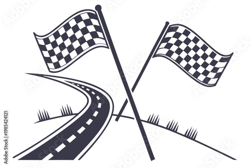 Two checkered racing flags positioned behind a winding asphalt road representing victory and speed in professional motorsport competition events today