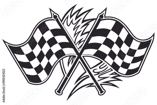 Two crossed checkered flags representing victory in a motor race shown with stylized flame patterns in a clean graphic design