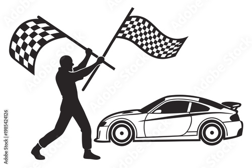 Silhouette of a race track official waving two checkered flags as a fast sports car finishes the intense competition race