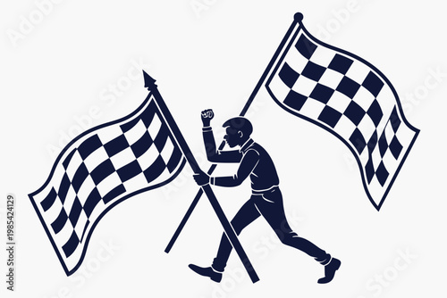 Determined man walking forward while holding two large checkered finish line flags to celebrate his final victory in life