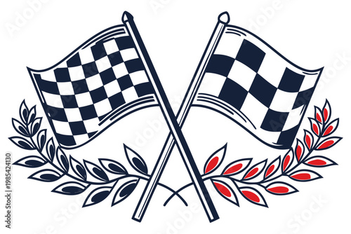 Two crossed checkered flags displaying victory above decorative laurel leaves representing achievement in competitive auto racing sports and speed events