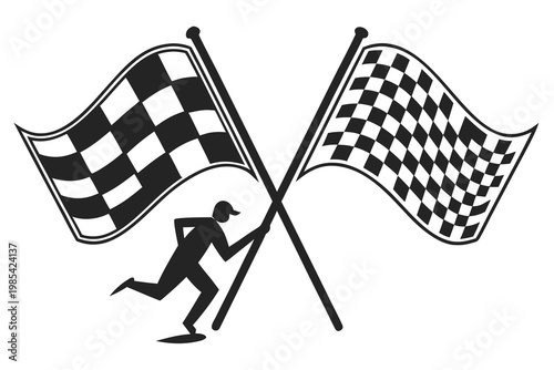 Silhouette of a runner holding two large checkered racing flags while dashing forward to represent a fast victory in sports
