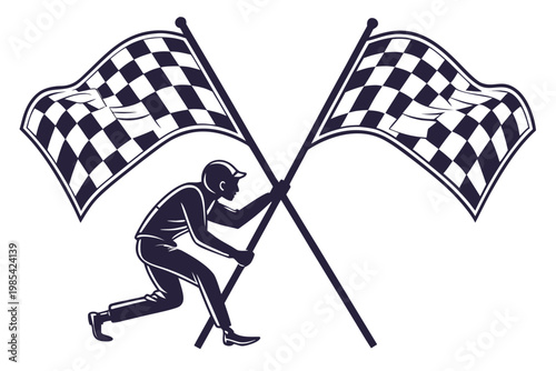 Vintage style illustration of a flagman in a racing uniform holding crossed checkered flags at the finish line.