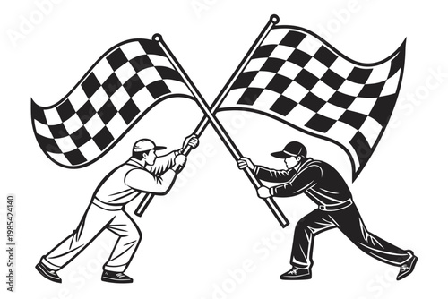 Two strong flagmen holding large checkered flags crossed in an energetic display, symbolizing race competition, victory, and finish lines