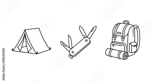Camping gear including a tent knife and backpack silhouette