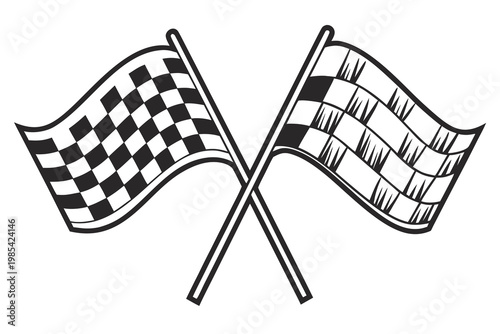 Two classic checkered flags with their poles crossed, representing the finish line, victory, and the exciting world of motorsport racing.