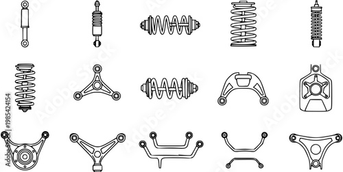 Black and White Line Art Vector Icons of Automotive Suspension System Parts