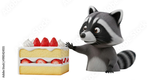 Cute Raccoon Reaching for a Strawberry Cake